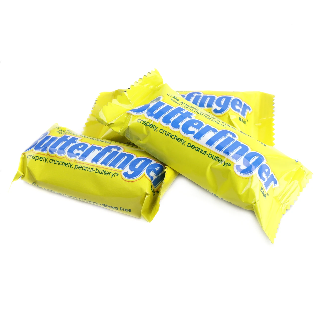 Butterfinger Fun Size bars, approximately 25 yellow-packaged crunchy peanut butter and milk chocolate candies.