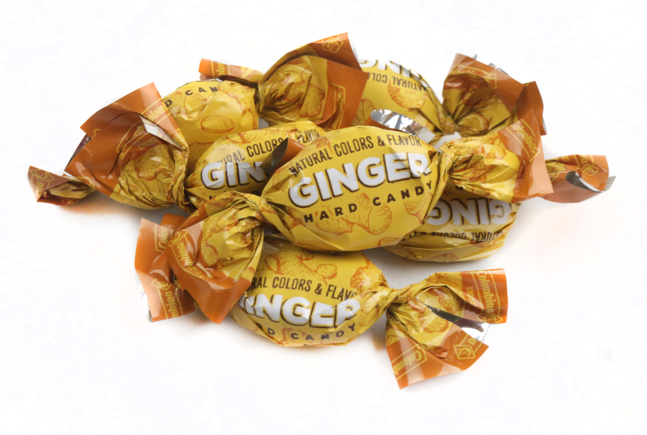 Colombina Ginger Hard Candy, approximately 90 pieces, light brown, translucent, spicy ginger flavor.