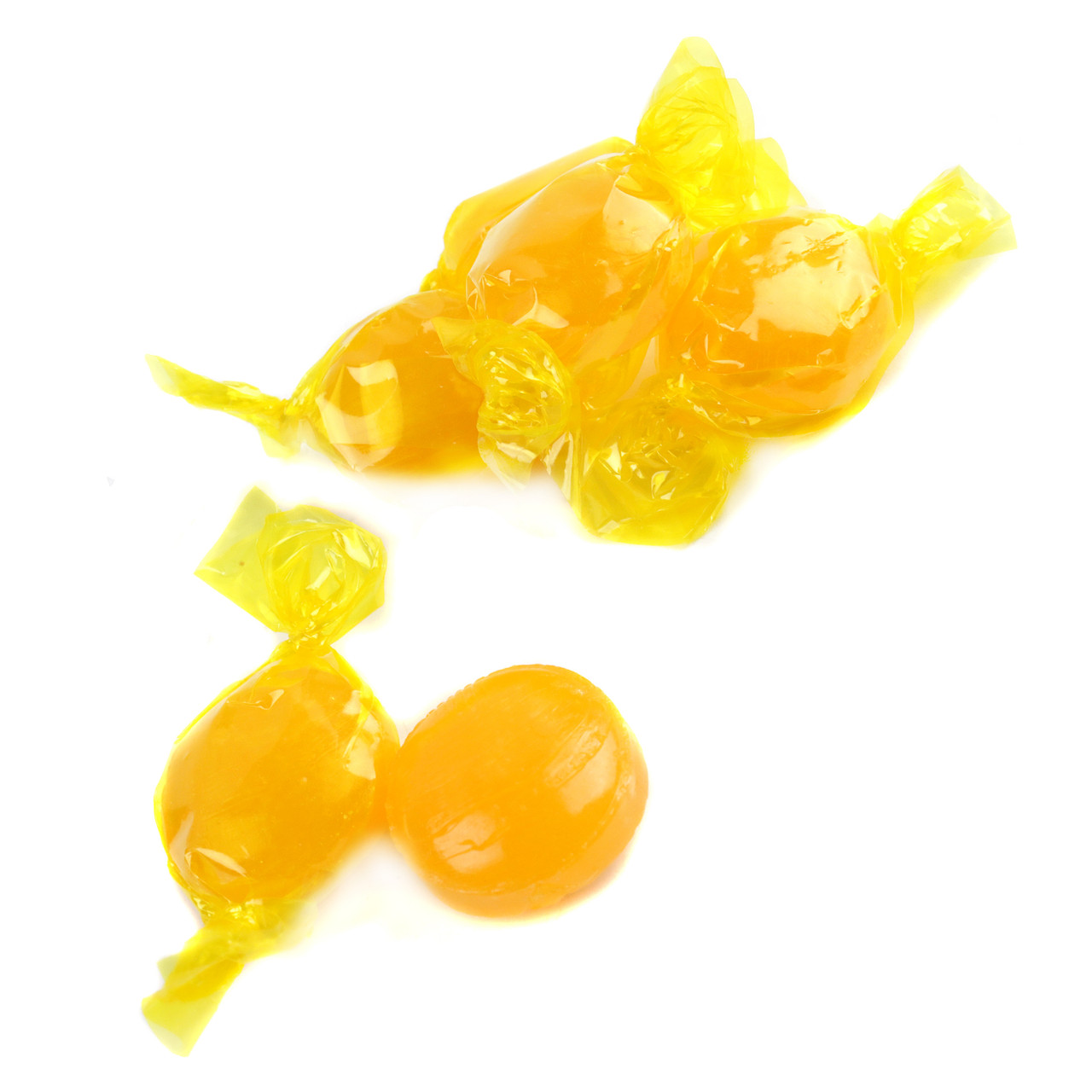 Butterscotch Hard Candy, yellow wrapped, 87 pieces per pound, classic old-fashioned flavor.