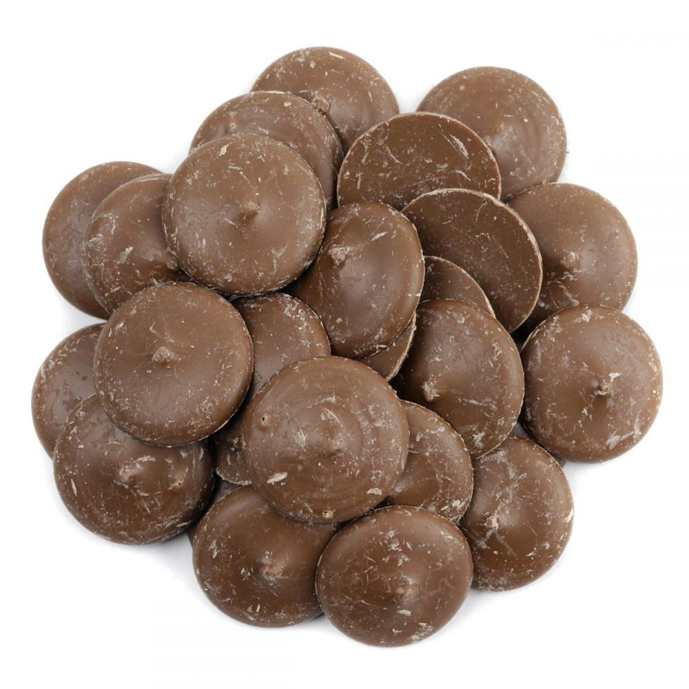 Many brown milk chocolate melting wafers, sweet rich flavor, perfect for baking, coating pretzels, and candy making.