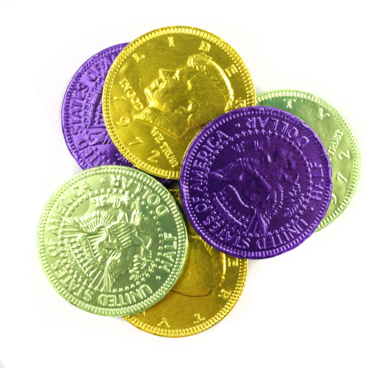 Mardi Gras milk chocolate coins, green, purple, gold wrappers, US half dollar design, approx 80 per pound.