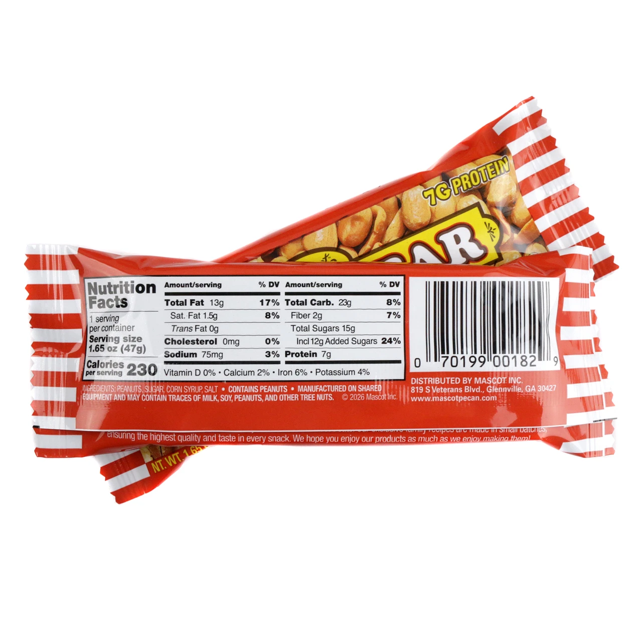 Mascot's Peanut Bar, 36-count box, sweet salty brown candy bars packed with whole peanuts.
