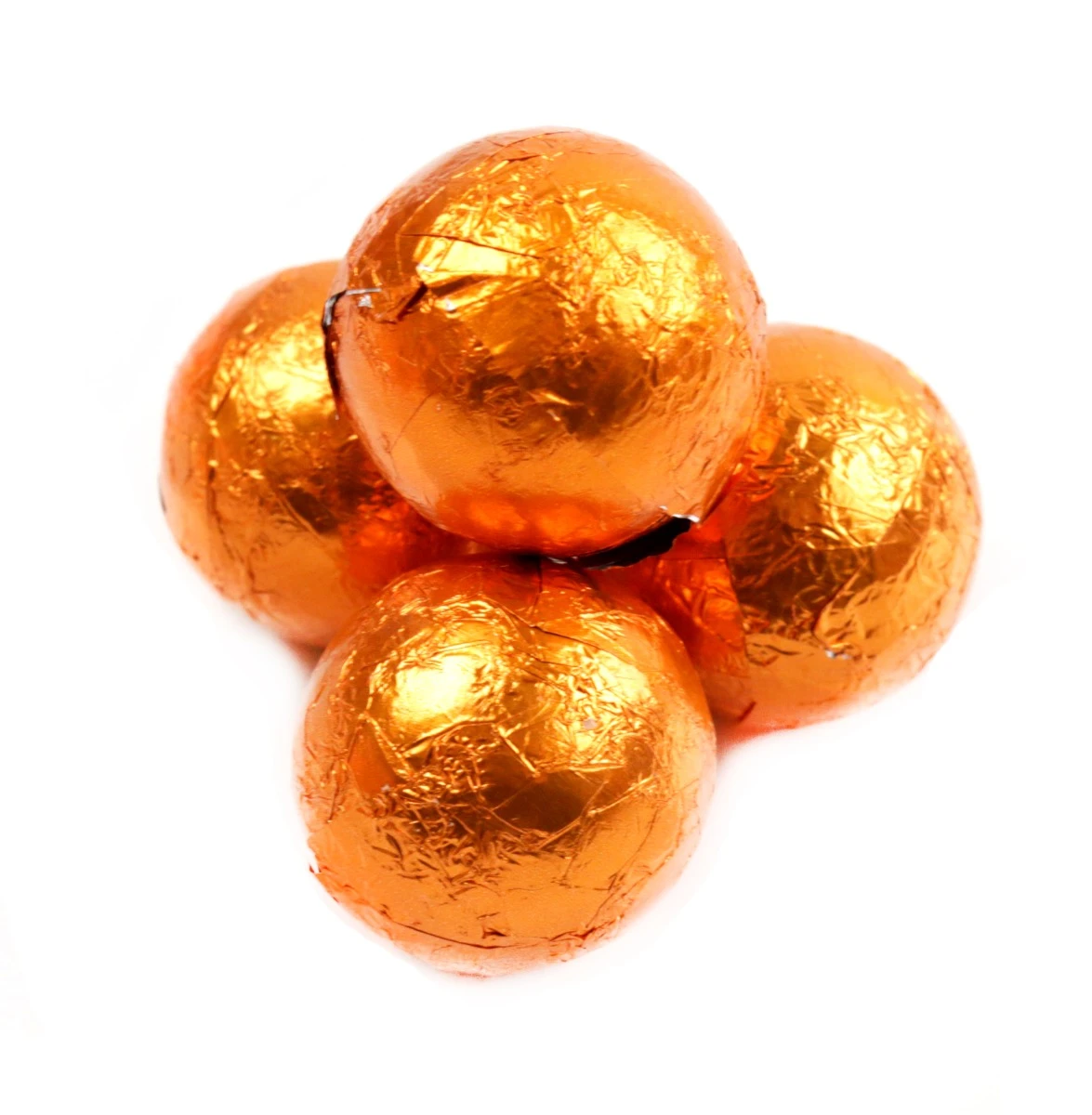 Solid milk chocolate balls in bright orange foil, approx 3/4 inch, 60 per pound.