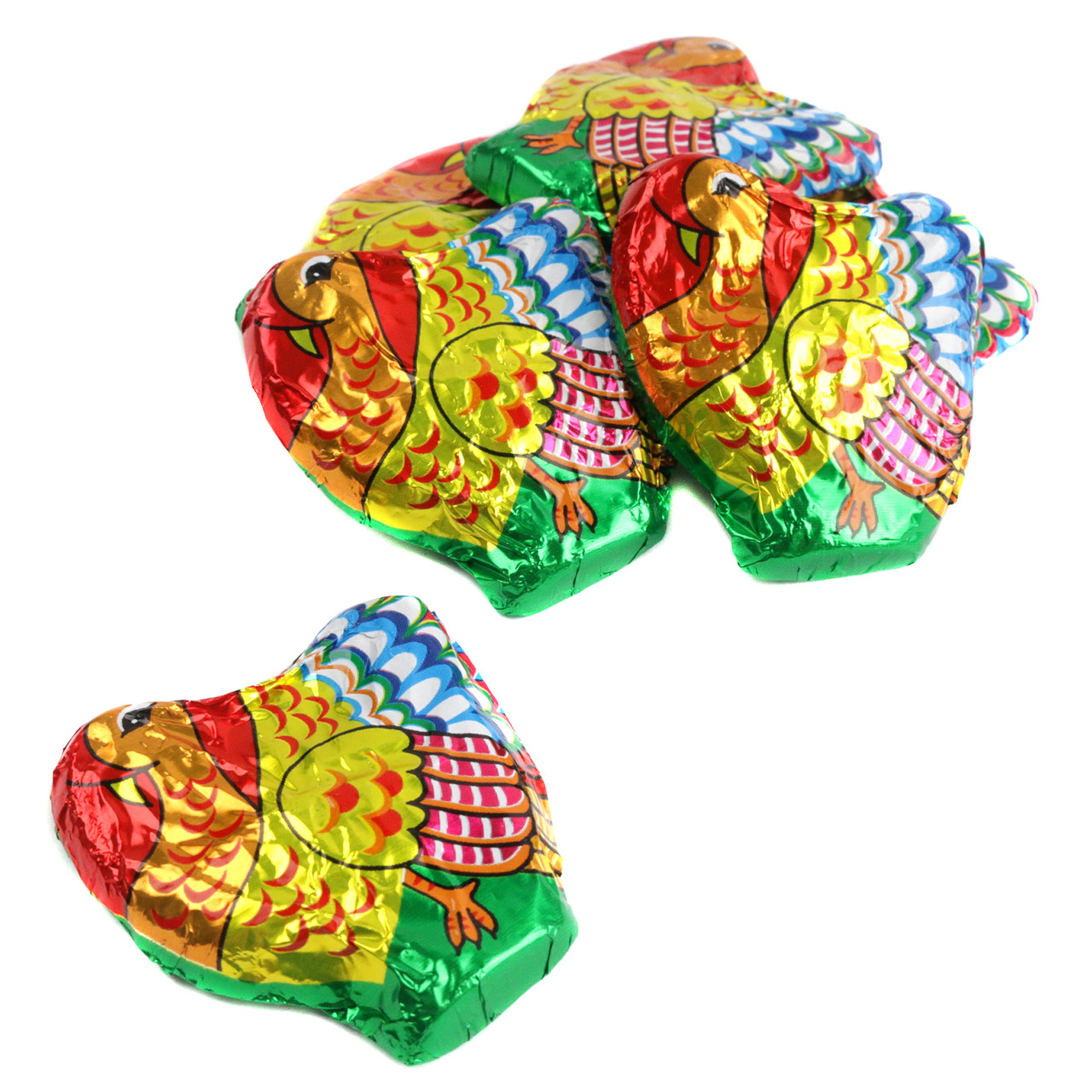 Tub of 40 colorful mini milk chocolate turkeys, each 1.75 inches tall, in festive Italian foil for Thanksgiving.