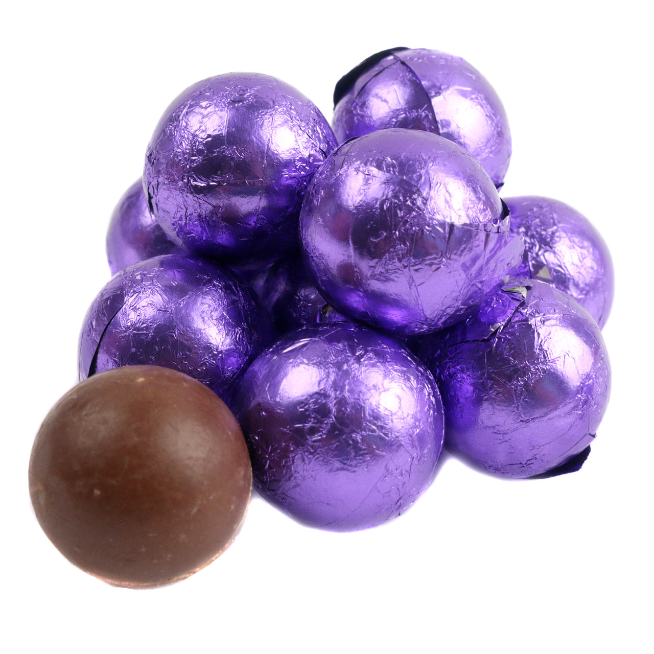 Shiny purple foil wrapped milk chocolate balls, solid, bite-sized 3/4 inch diameter, approx 60 per pound candy.
