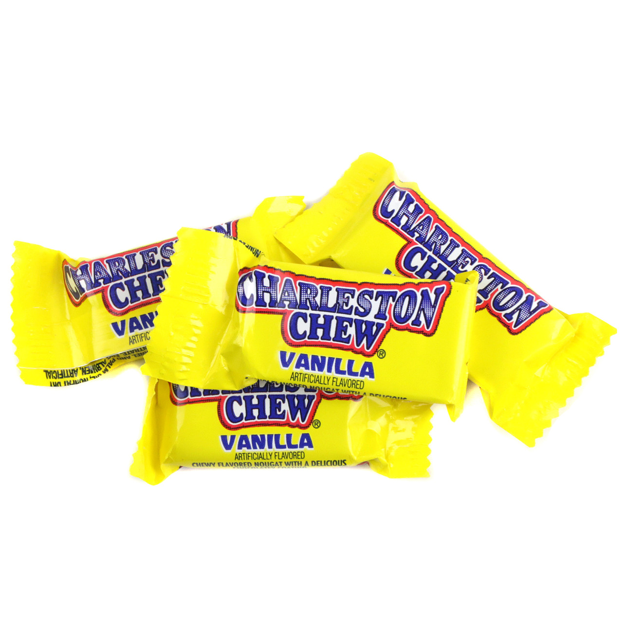 Charleston Chews Snack Size, approx 40 mini vanilla nougat candy bars with rich chocolatey coating, brown wrappers.