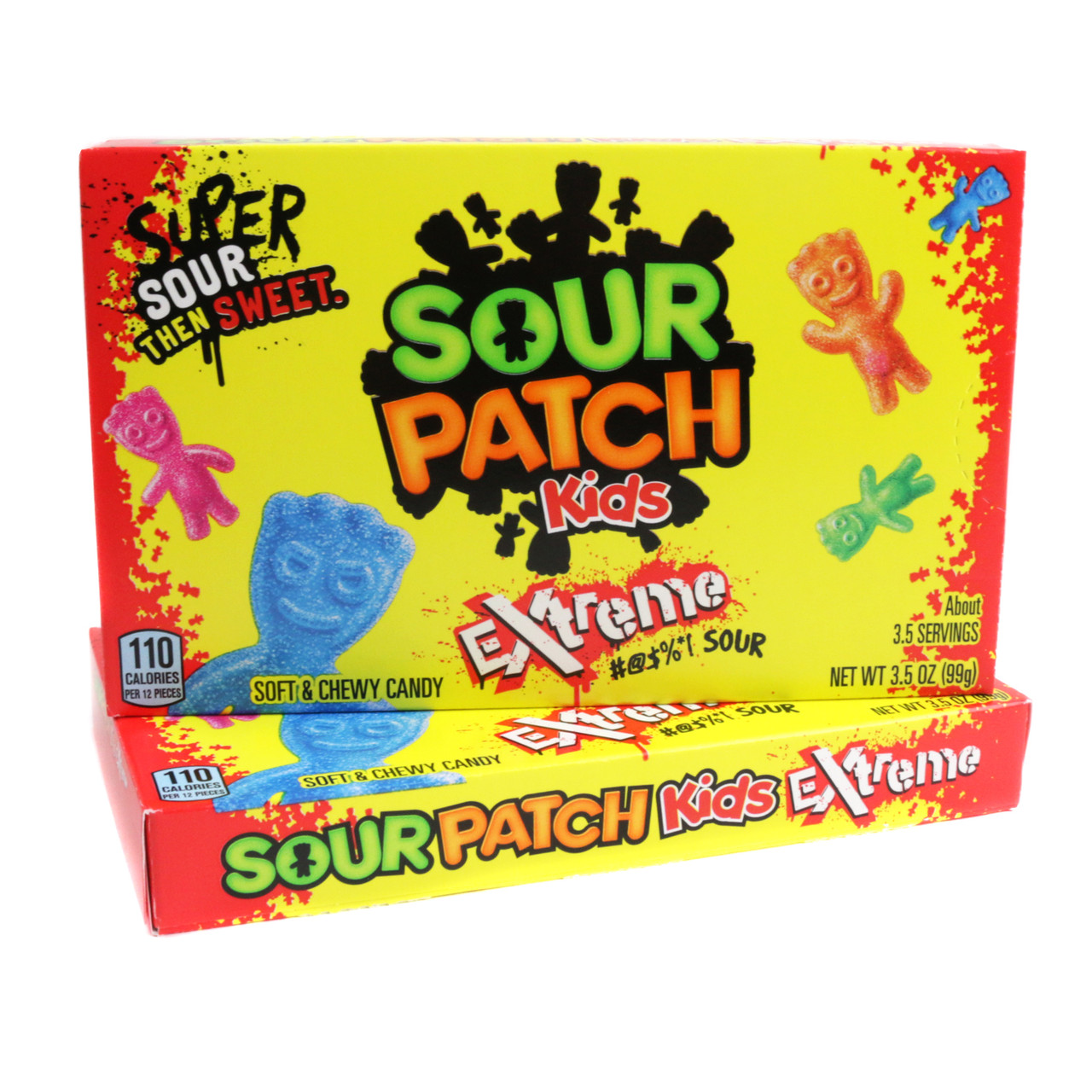 Sour Patch Kids Extreme 12-pack theater boxes. Colorful red, green, orange sour candy. Tangy, extremely sour.