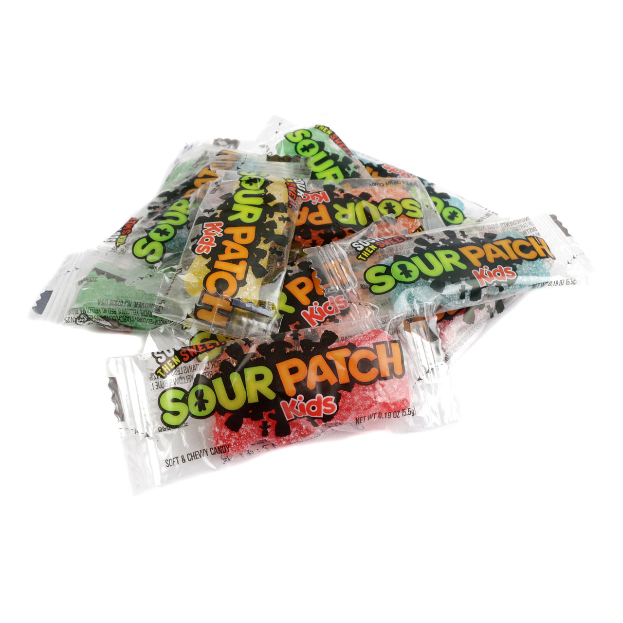 Big Sour Patch Kids, individually wrapped, rainbow colors. Approximately 80 per pound, sour then sweet.