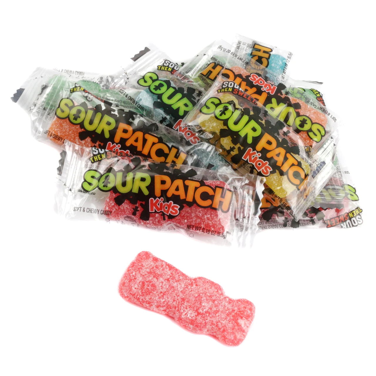 Big Sour Patch Kids, individually wrapped rainbow gummy candy, sour then sweet, approx 80 pieces per pound.