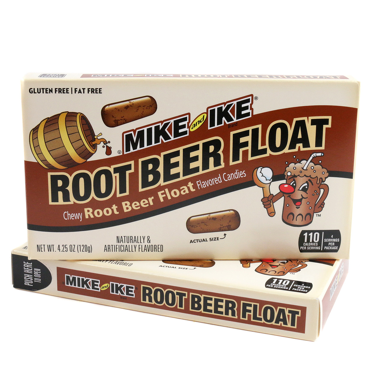 Mike & Ike Root Beer Float 12 pack, chewy brown limited edition theater boxes, nostalgic soda candy.