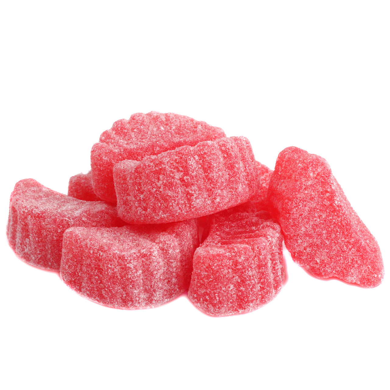 Vibrant red, sugar-coated cherry jelly slices. Bulk candy, approx. 35 per pound, bursting with sweet cherry flavor.