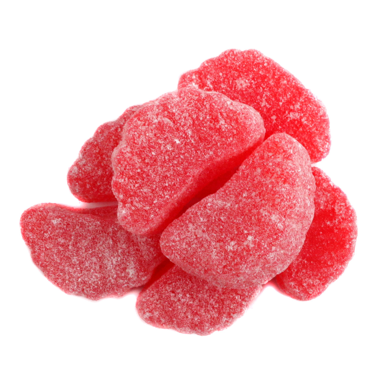 Vibrant red, sugar-coated cherry jelly slices, approximately 35 per pound. Sweet bulk cherry candy.