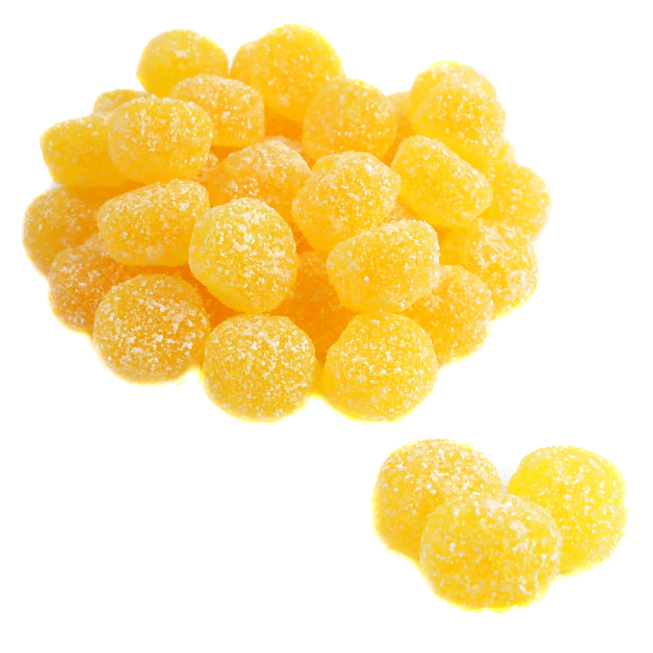 Round, peach-colored Vegan Sour Peach Gummy Dots, sugar coated, tangy, by Gerrit Verburg, approx 245 per pound.