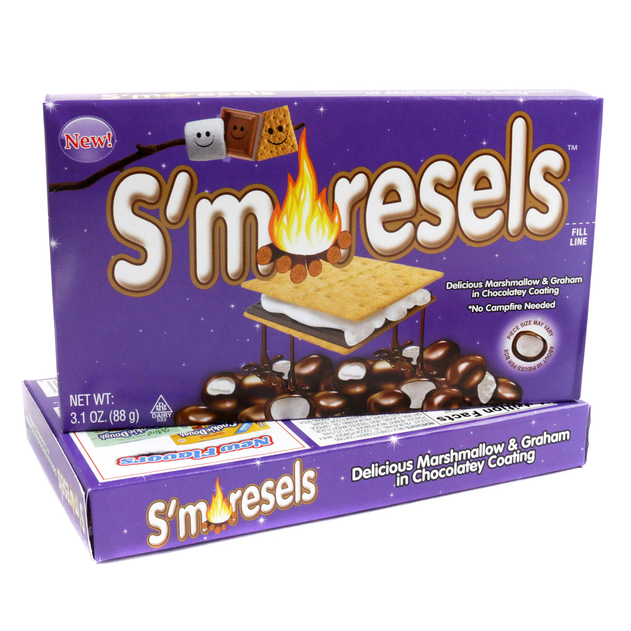 12-pack Smore Cookie Dough Bites, rich brown chocolate-coated, white marshmallow, tan graham cracker flavors.