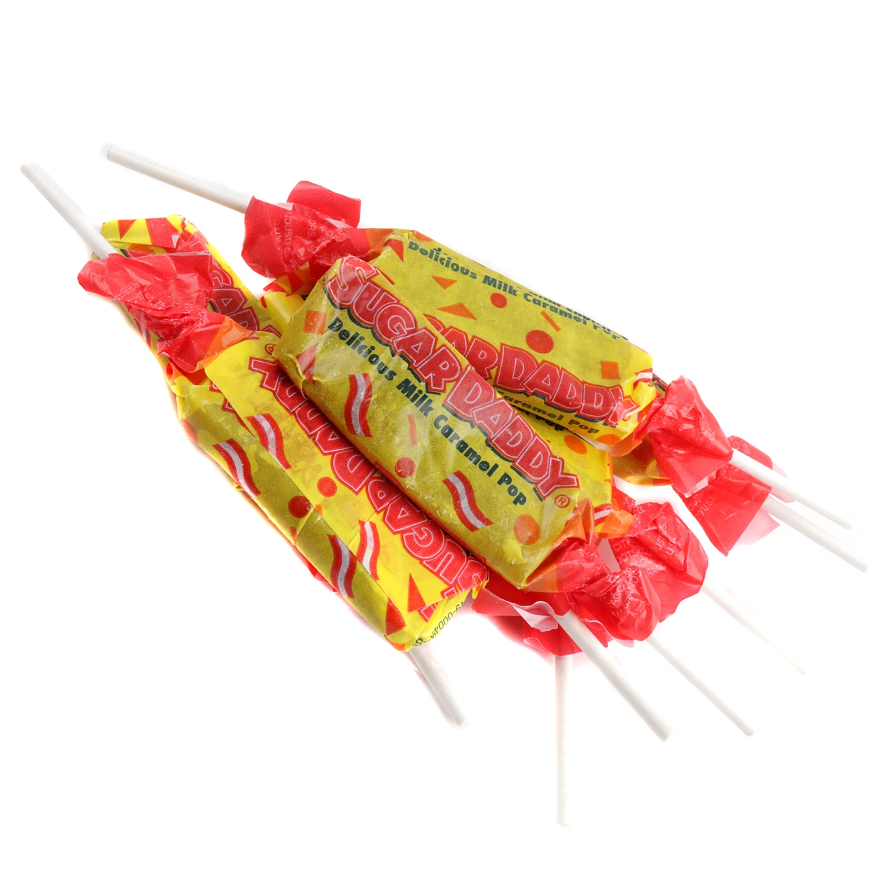 A bulk pile of mini Sugar Daddy caramel lollipops, numerous golden-brown candies with white sticks, old-fashioned USA treat.