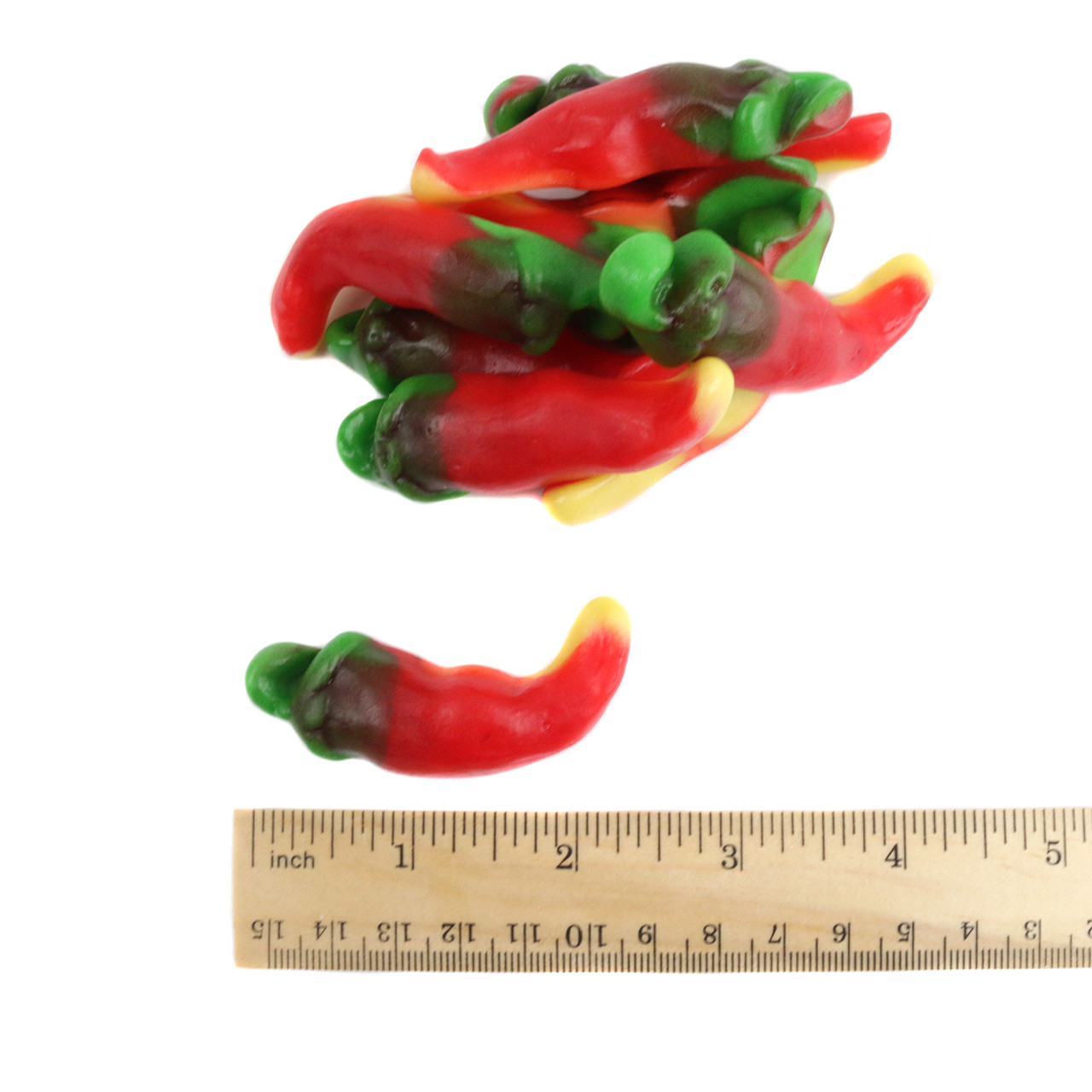 Red cherry gummy chili peppers, spicy sweet, approx. 38 pieces per pound.