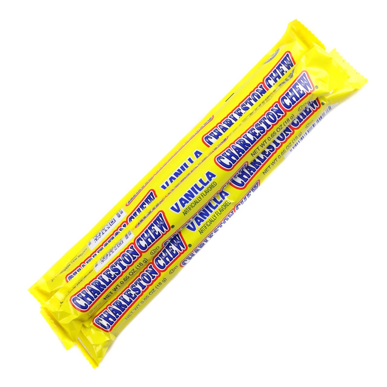 36 Vanilla Charleston Chews, yellow display box, chocolate-coated vanilla nougat retro candy bars.