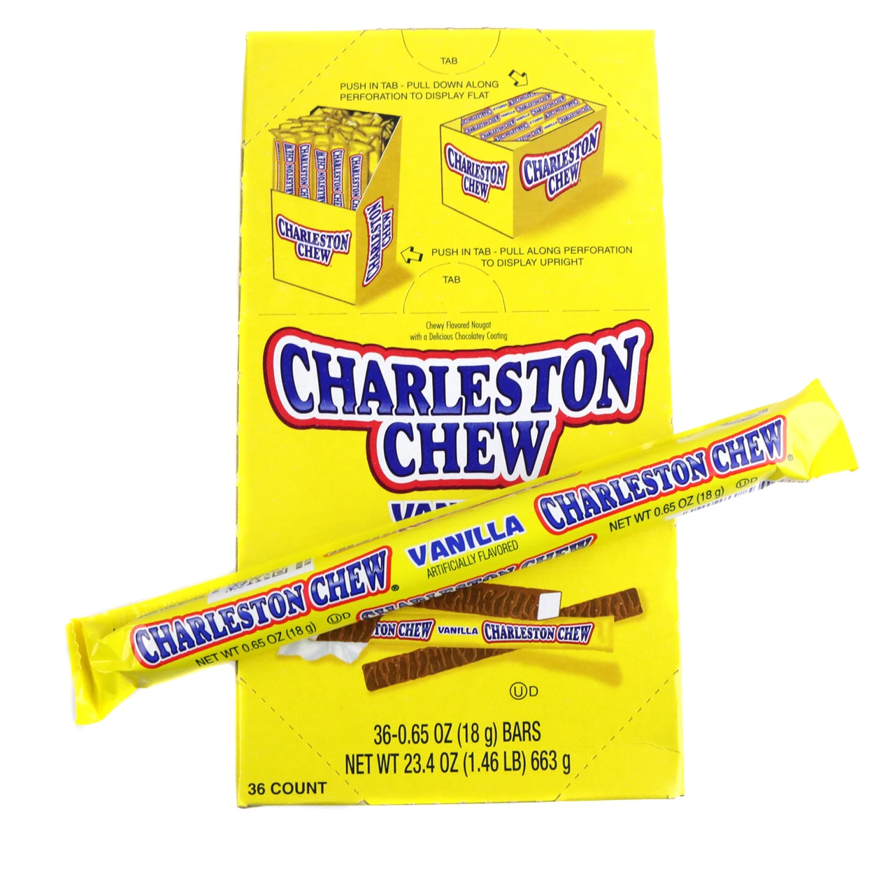 Vanilla Charleston Chews, 36 white vanilla nougat pieces with chocolatey coating in a yellow display box.