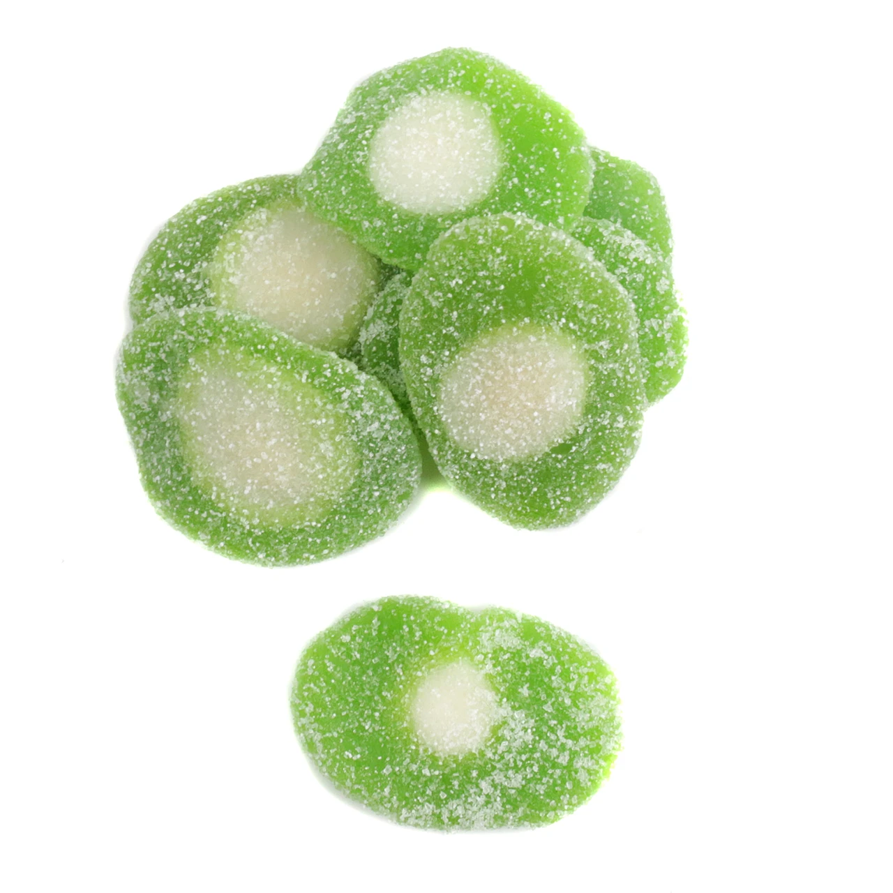 Bright green sour gummy kiwi slices, approx. 75 per lb. Sweet, sour, citrusy kiwi fruit candy.