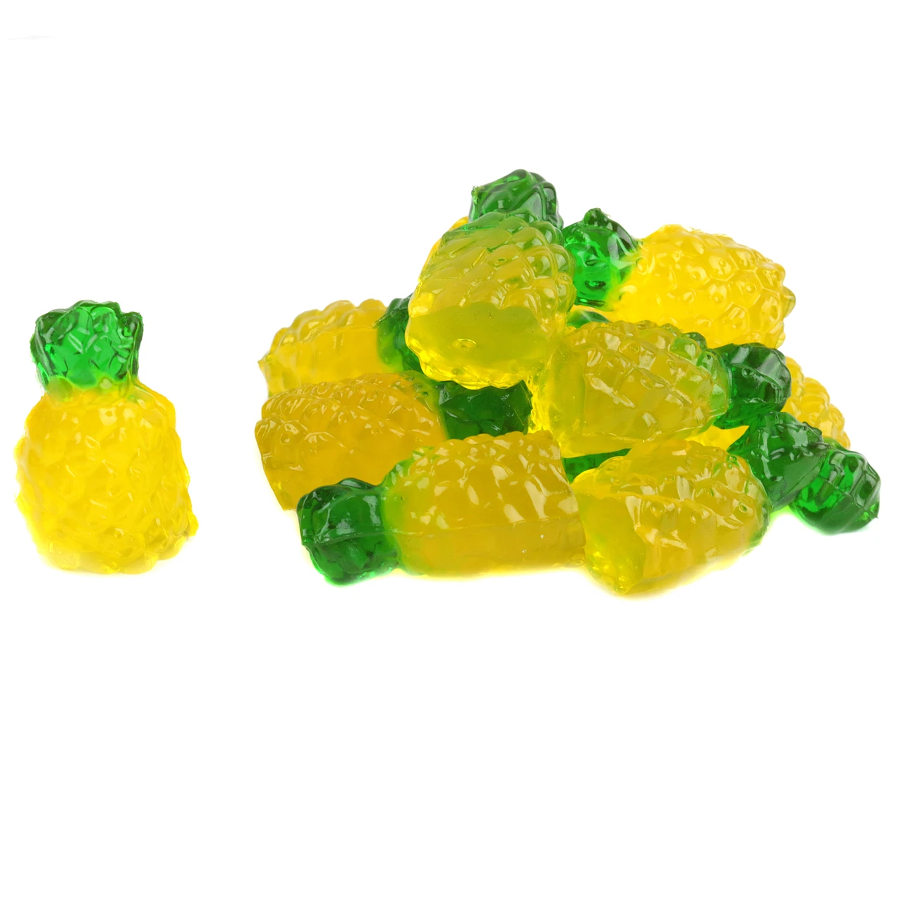 Realistic 3D gummy pineapples, approximately 55 per pound, with detailed yellow and green tropical shapes.