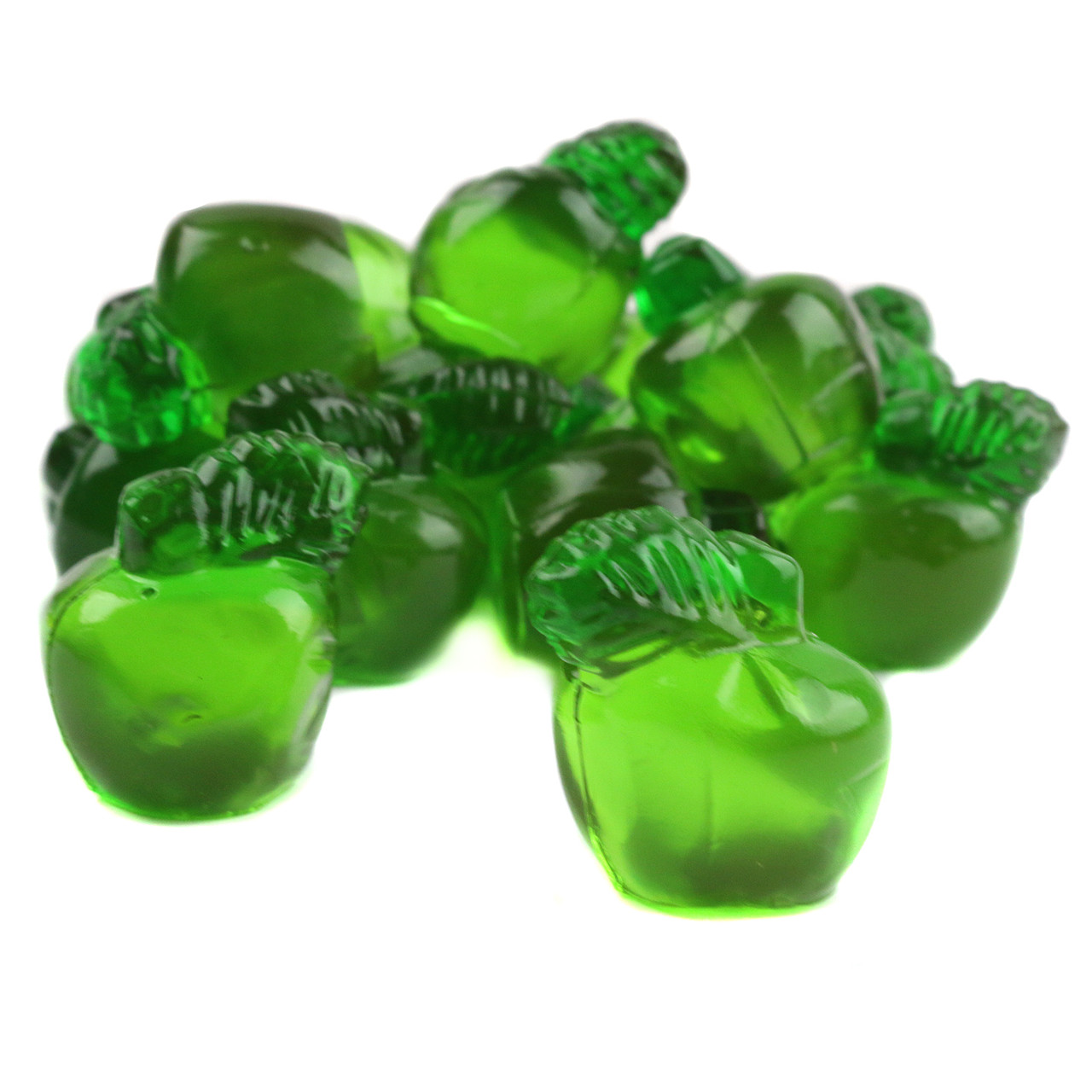 Green 3D Gummy Apples, bulk unwrapped candy, approx 65 per pound, sweet green apple flavor by Clever Candy.
