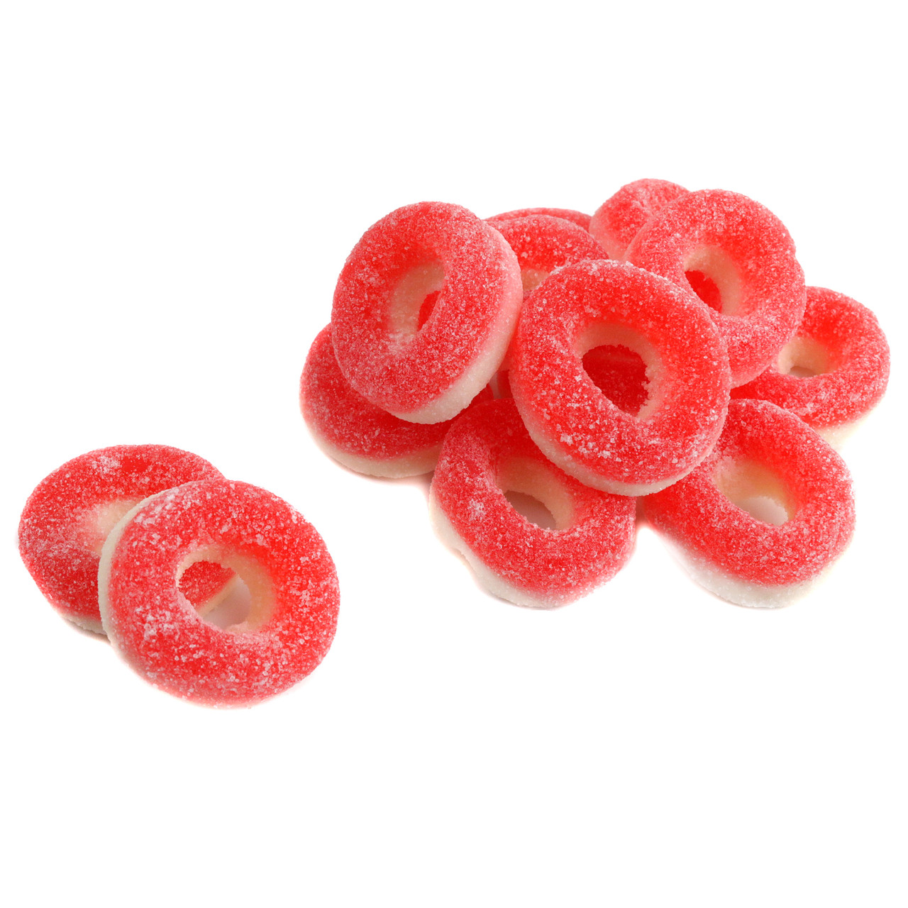 Bright red, sanded strawberry gummy rings, approx. 57 per pound, 1.25 inch diameter chewy candy.