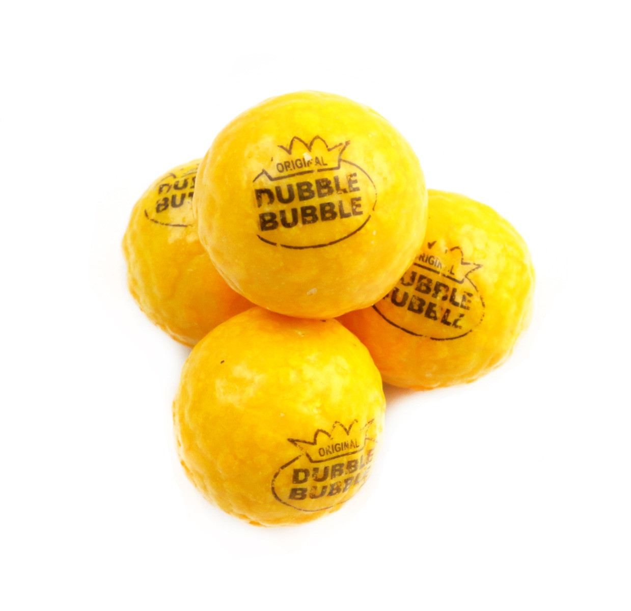 Dubble Bubble Gold Rocks Gumballs, bright yellow-gold, bumpy surface, 1-inch diameter, approx 55 per pound.