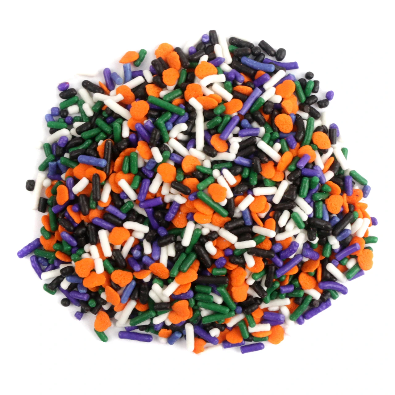 Spooky Halloween Sprinkle Mix with orange pumpkins, black bats, and colorful Halloween sprinkles.