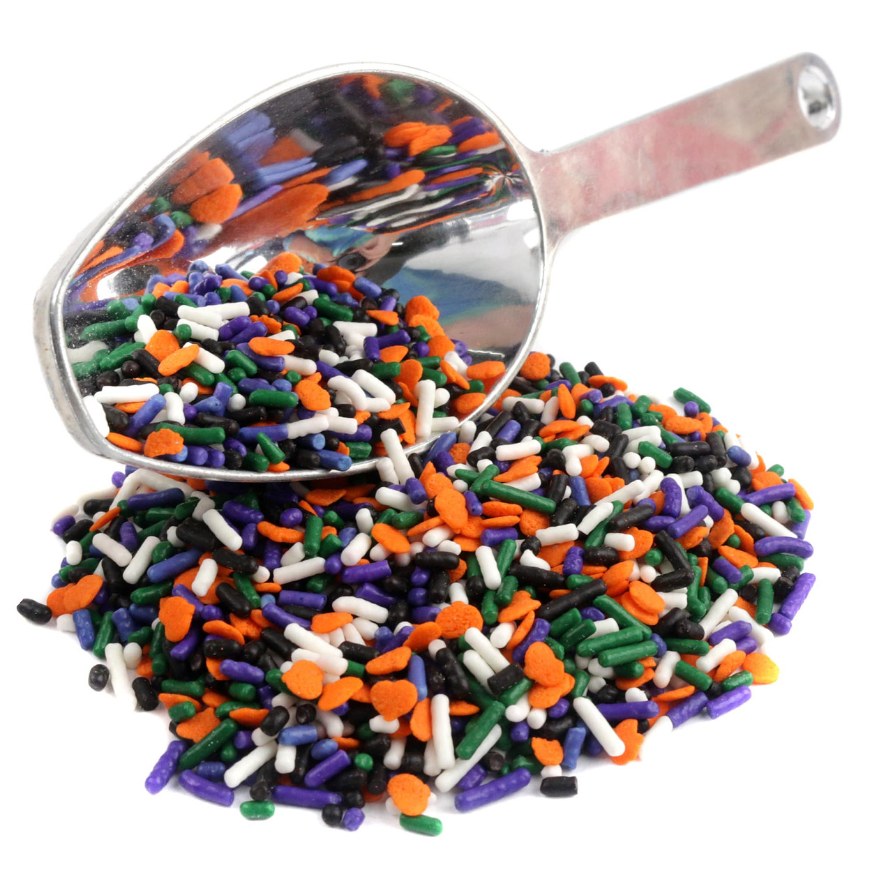 Spooky Halloween Sprinkle Mix, a colorful candy mixture of bats, pumpkins, and various Halloween shaped sprinkles.