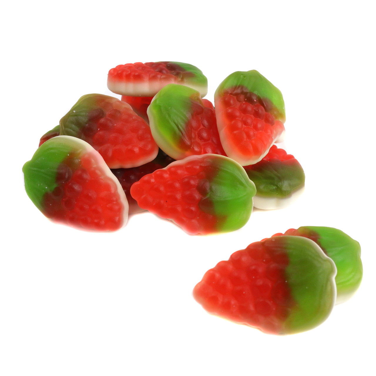 Bright red, strawberry shaped gummy candies with green stems and fluffy cream. Approx. 75 pieces per pound.