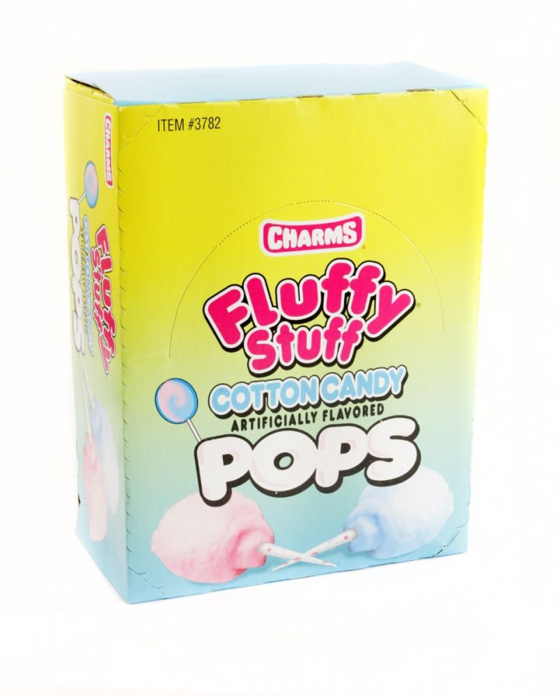 Charms Fluffy Stuff Cotton Candy Lollipops, 48ct, blue and pink, individually wrapped, cotton candy flavor.