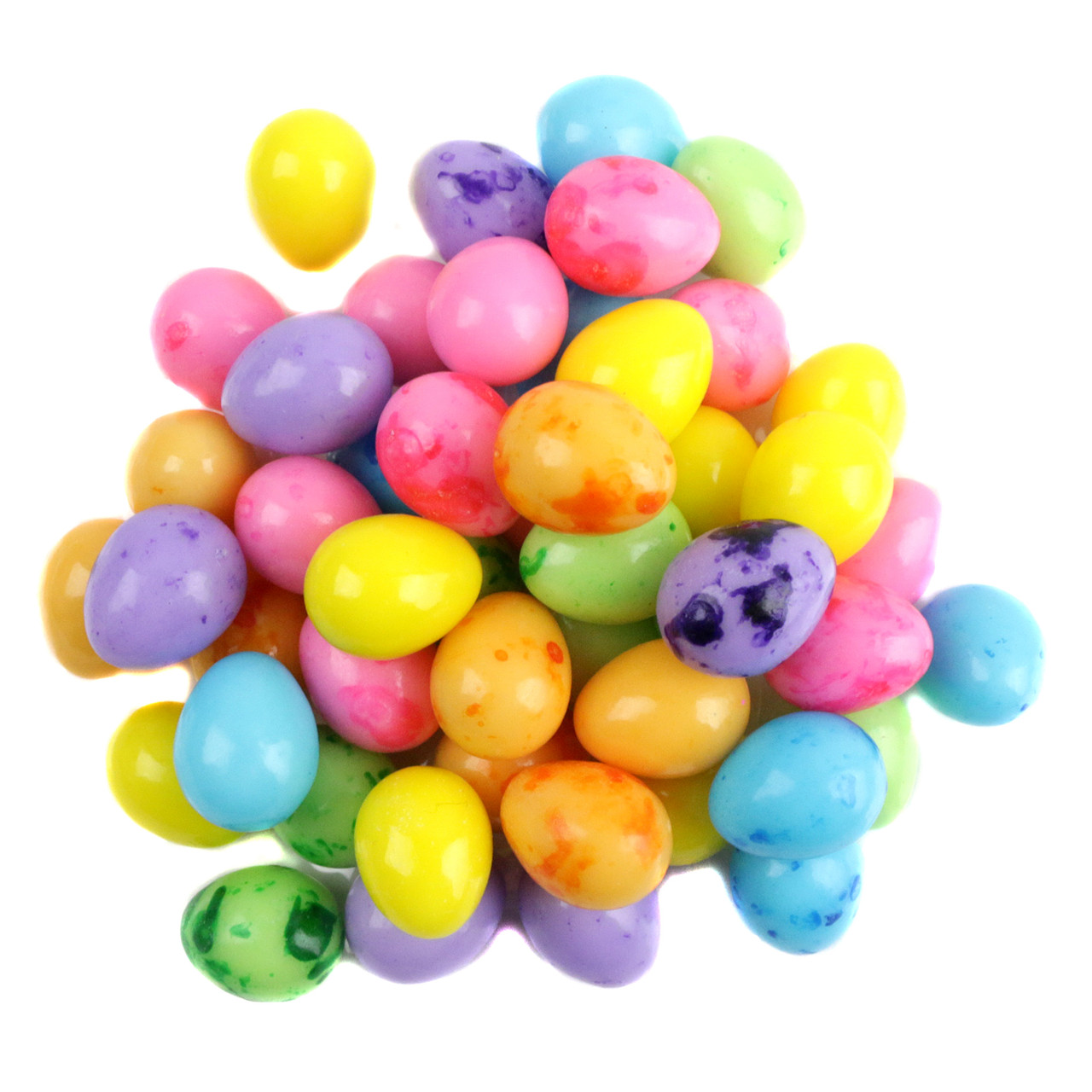 Vibrant speckled Easter egg candy, hard-pressed, approx 1/2 inch, 389 per pound, perfect for baskets & decorating.