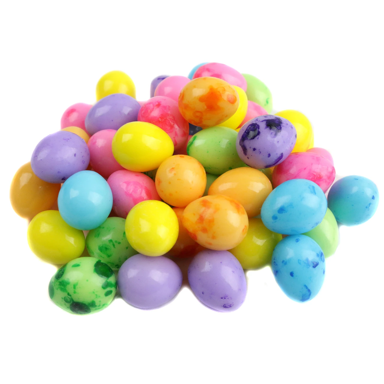 Vibrant speckled Easter egg candies, 1/2 inch hard-pressed, approx 389 per pound. Perfect for Easter baskets & decorating.