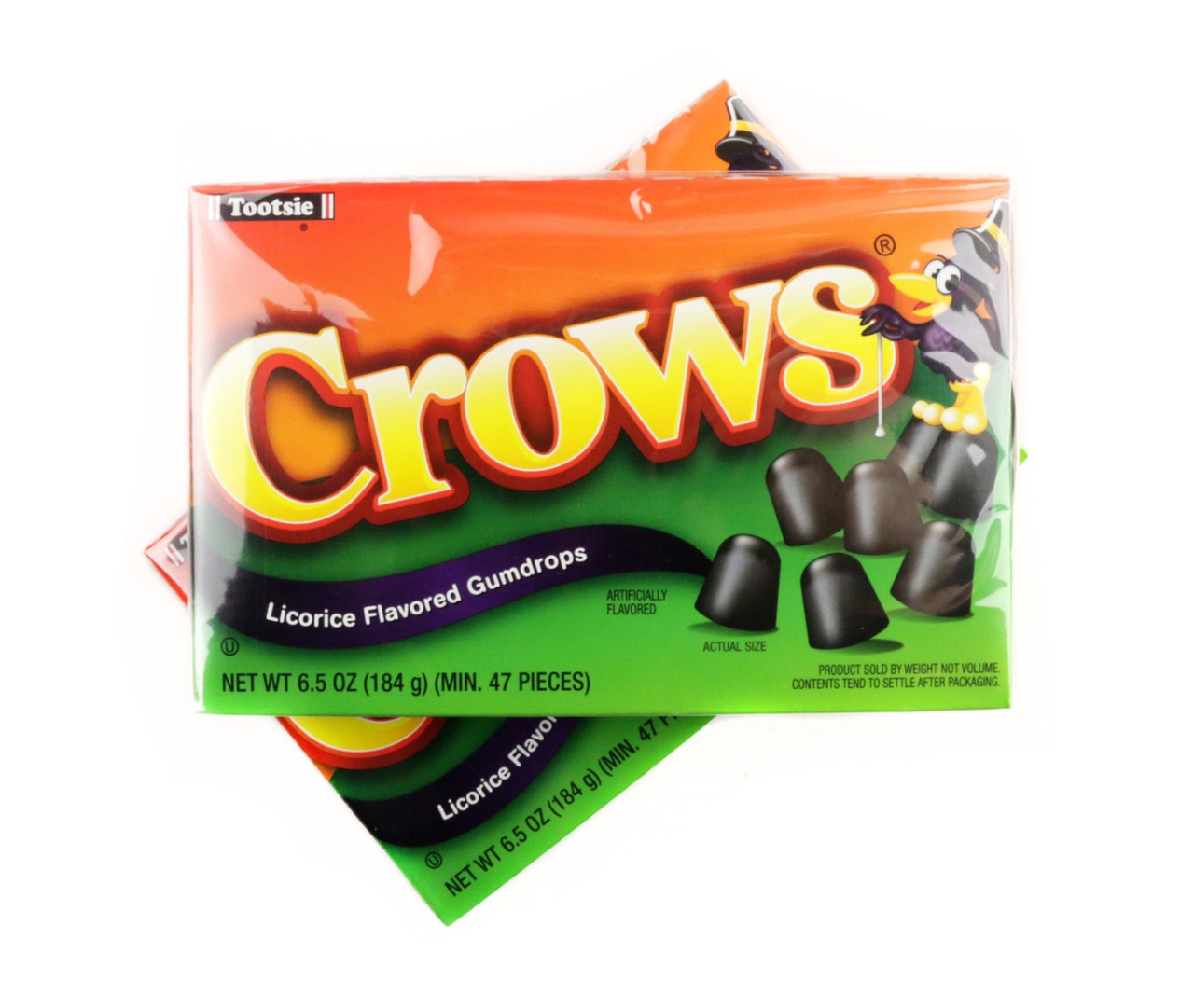 12 Crows Dots black licorice gumdrop candy theater boxes. Nostalgic black candy, 6.5oz per box.