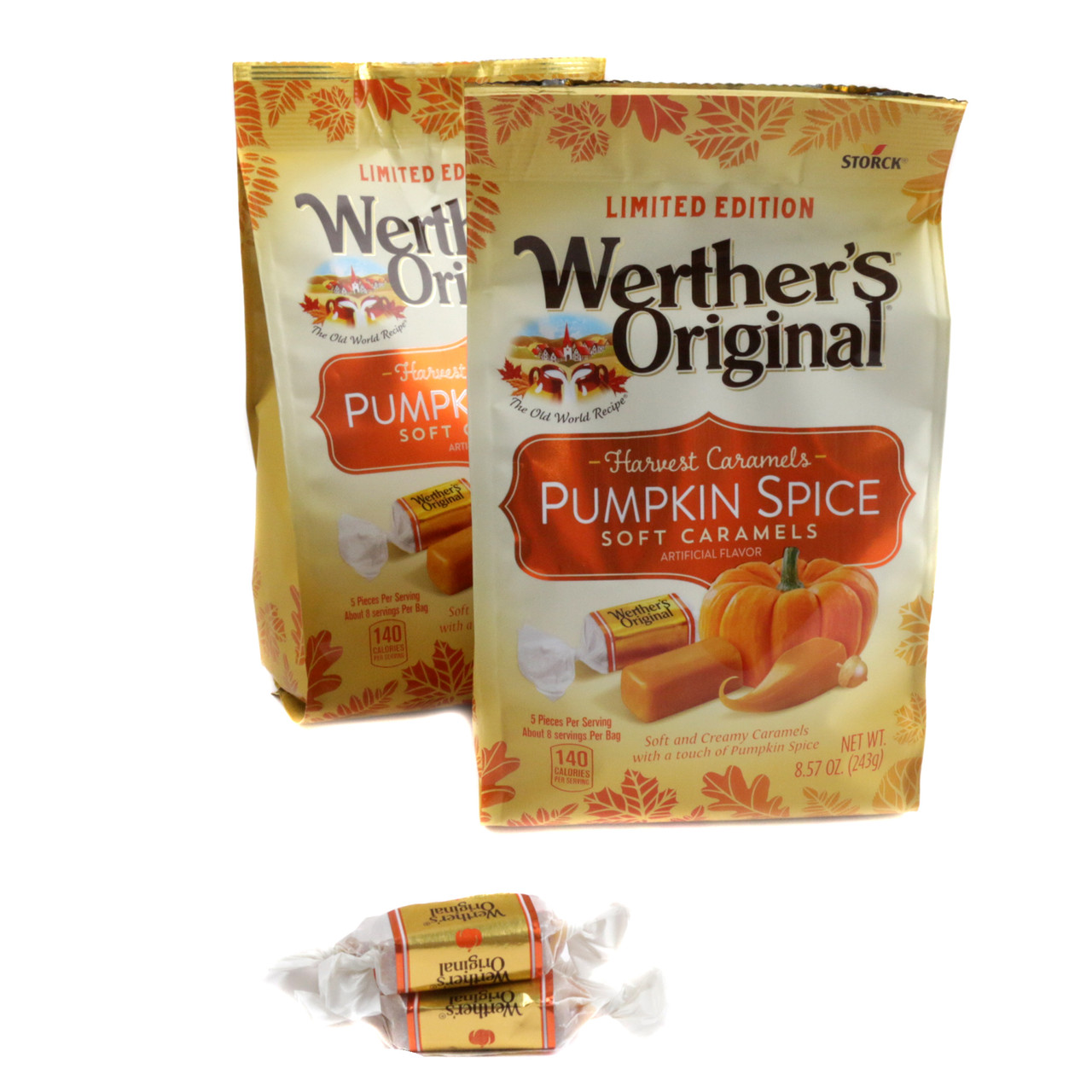 Werthers Original Pumpkin Spice Soft Caramels, 3 gold 8.57oz bags, chewy, fall limited edition candy.