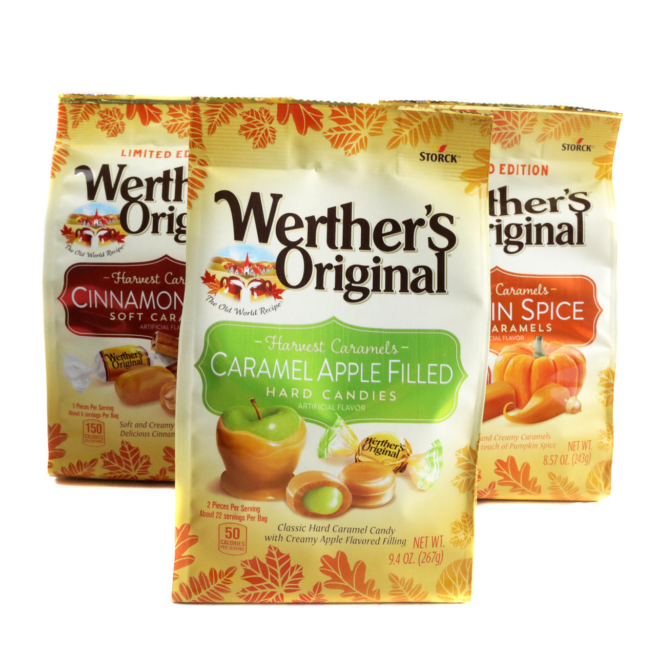 Werthers Limited Edition Harvest Caramels 3 pack, gold soft caramels, pumpkin spice, caramel apple, cinnamon creme flavors.