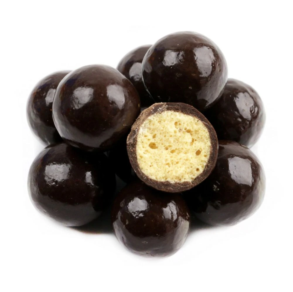 Dark brown, round, crunchy malt balls, generously dipped in rich dark chocolate, reduced sugar candy.