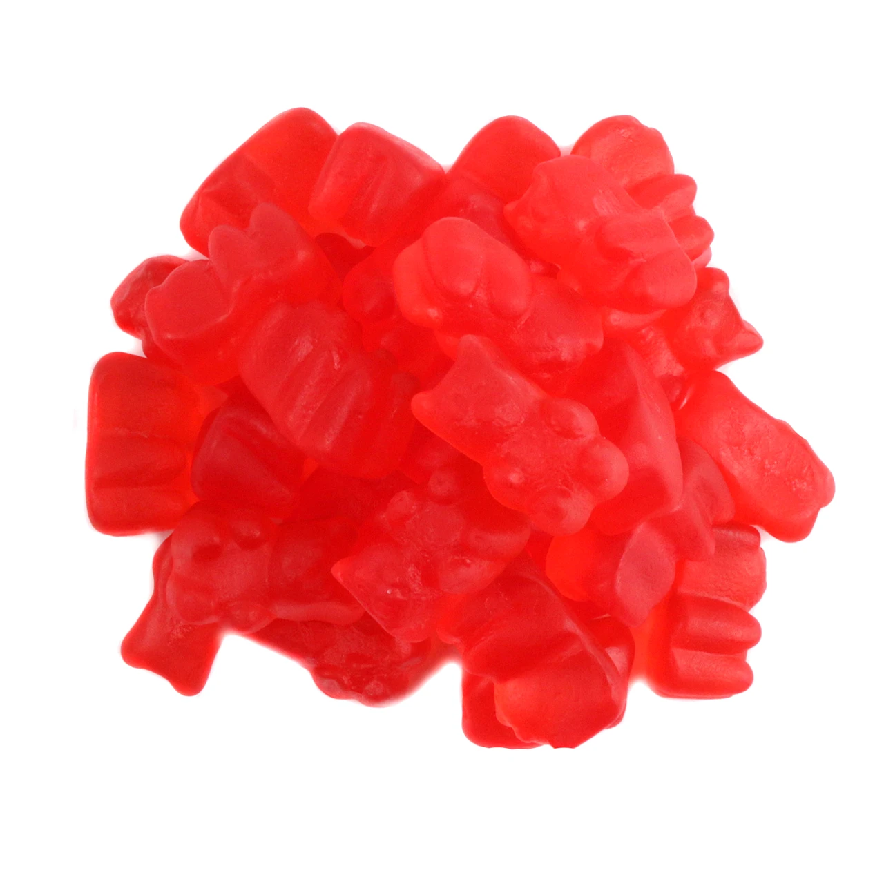 Vibrant red strawberry gummy bears, approx 125 pieces per pound. Delicious, classic Spanish candy treat.