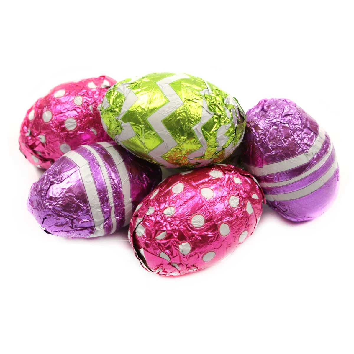 Pastel foil-wrapped caramel-filled chocolate eggs, approximately 37 pieces per pound, perfect for Easter baskets.