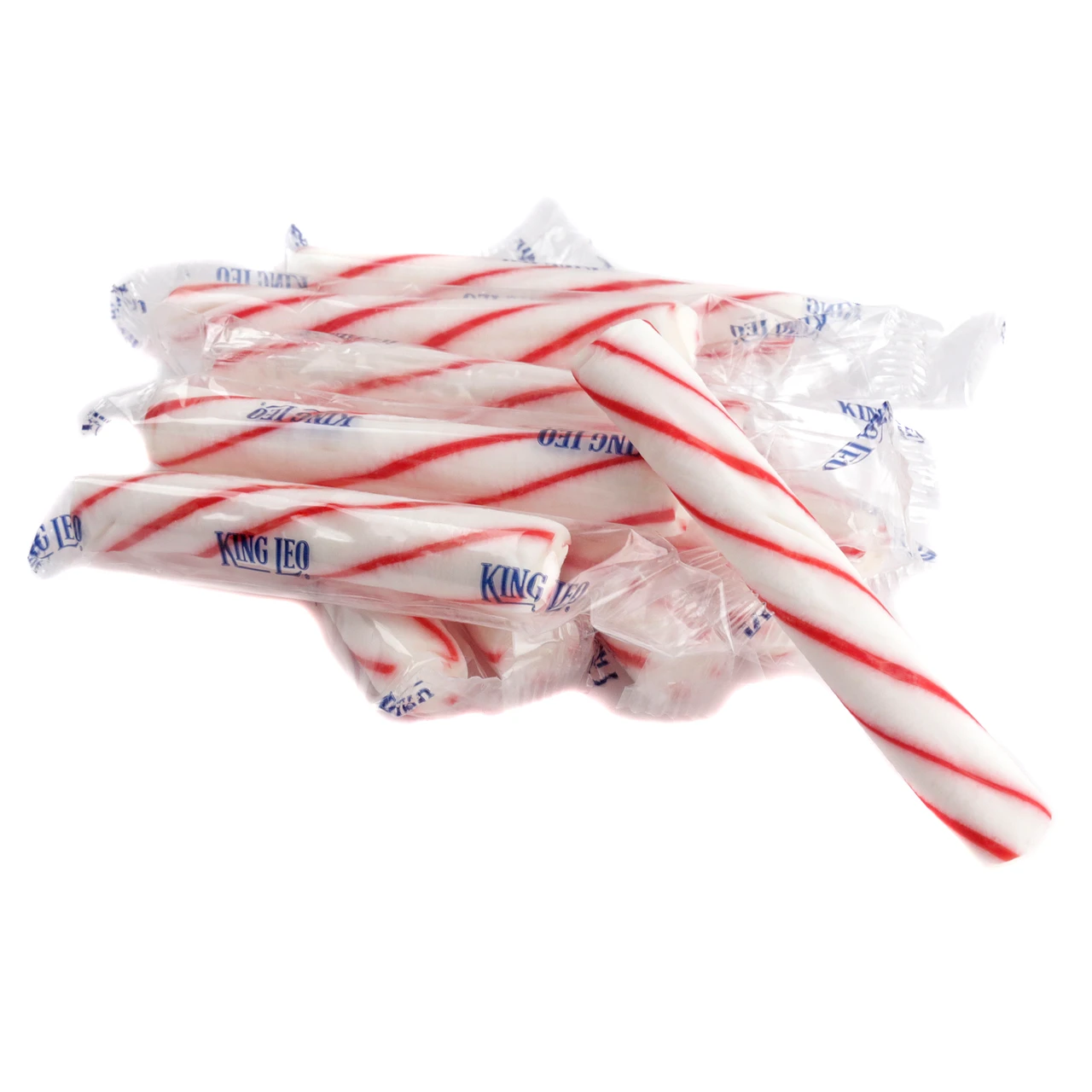 King Leo Soft Peppermint Sticks, 40+ individually wrapped pieces, 3-inch, white with red stripes, sweet minty flavor.