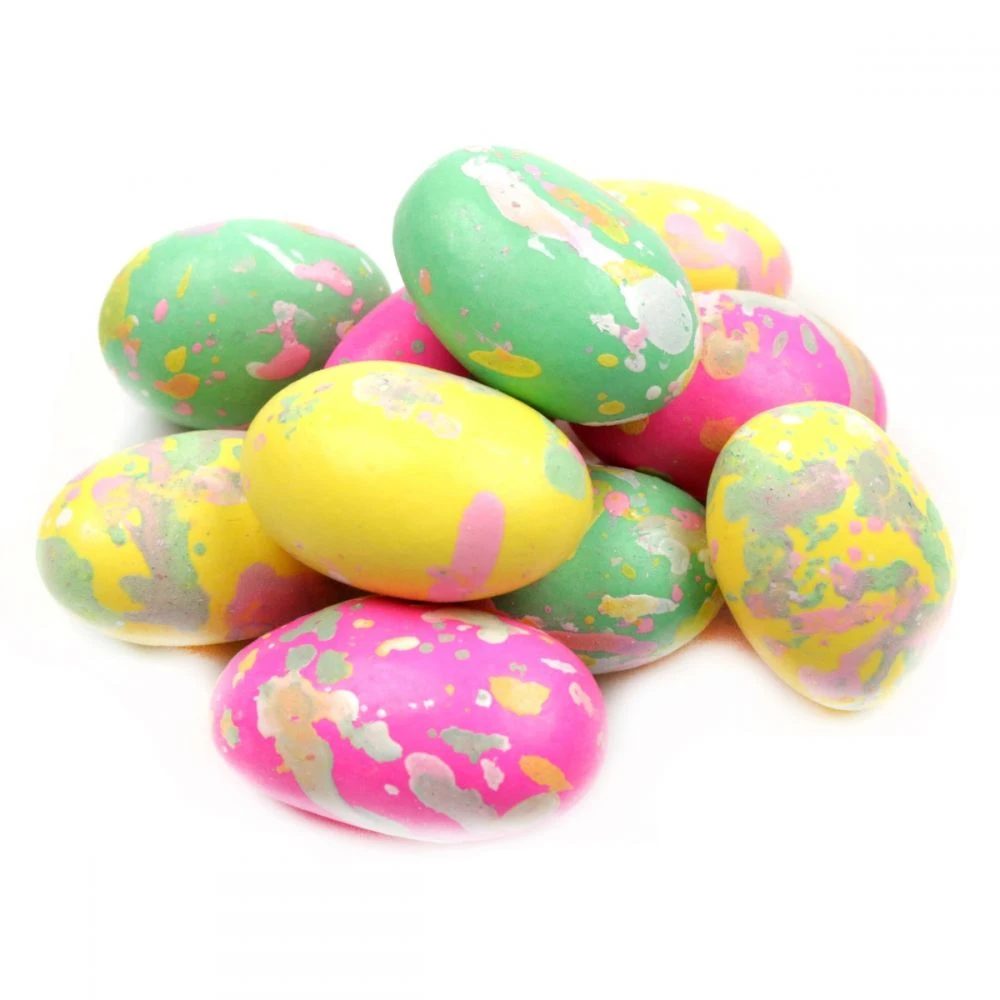 Pastel speckled chocolate almonds. Crunchy roasted almonds, smooth milk chocolate, approx. 115 per pound. Perfect Easter candy.