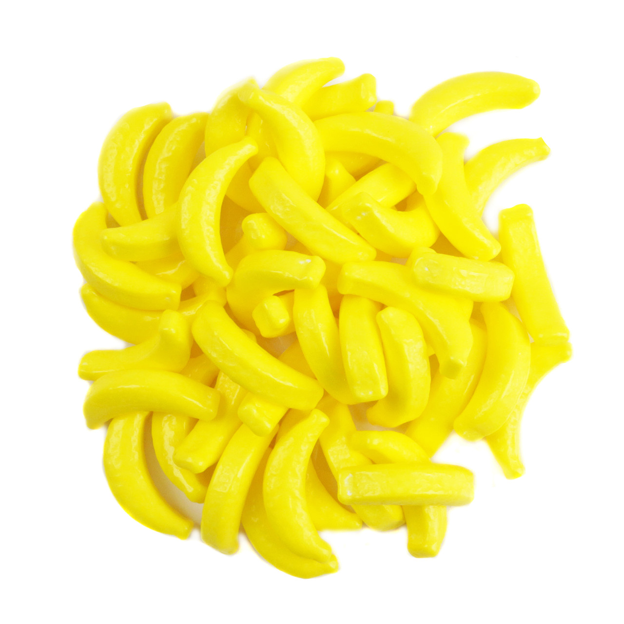 Bright yellow, banana-shaped, chewable candy pieces with fresh banana flavor, approx 750 small pieces per pound.