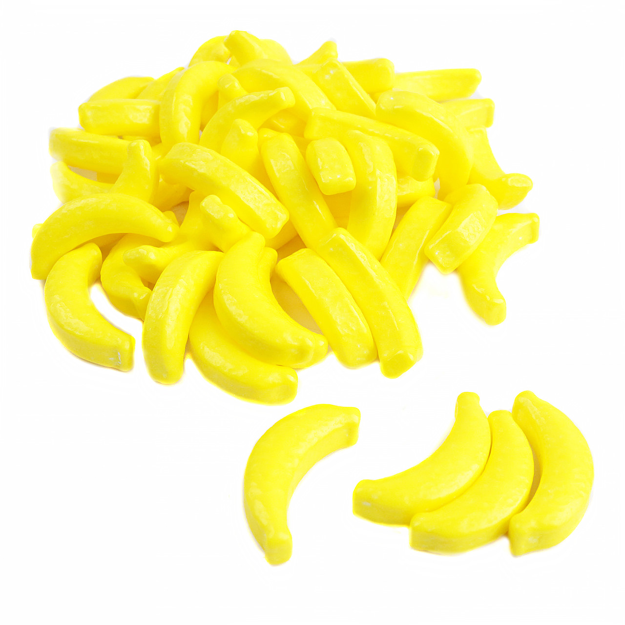 Yellow candy bananas, approximately 750 small pieces per pound, chewable banana flavor.