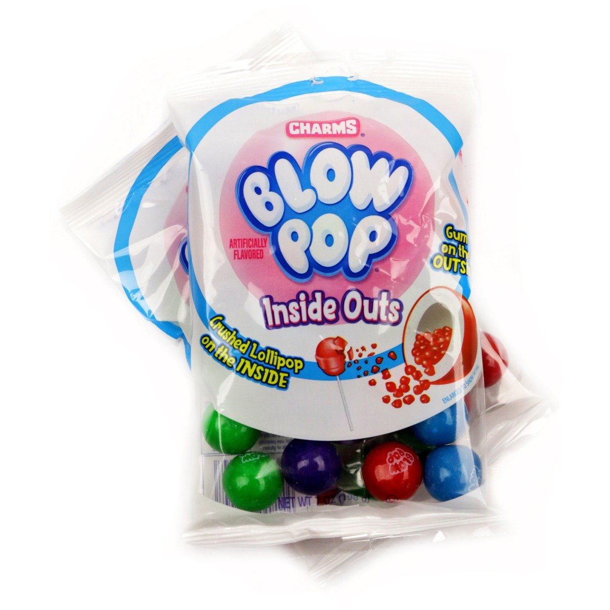8 pack of colorful Blow Pops Inside Out Gumballs, 7oz bags, featuring red cherry, pink watermelon, and blue raspberry flavors.