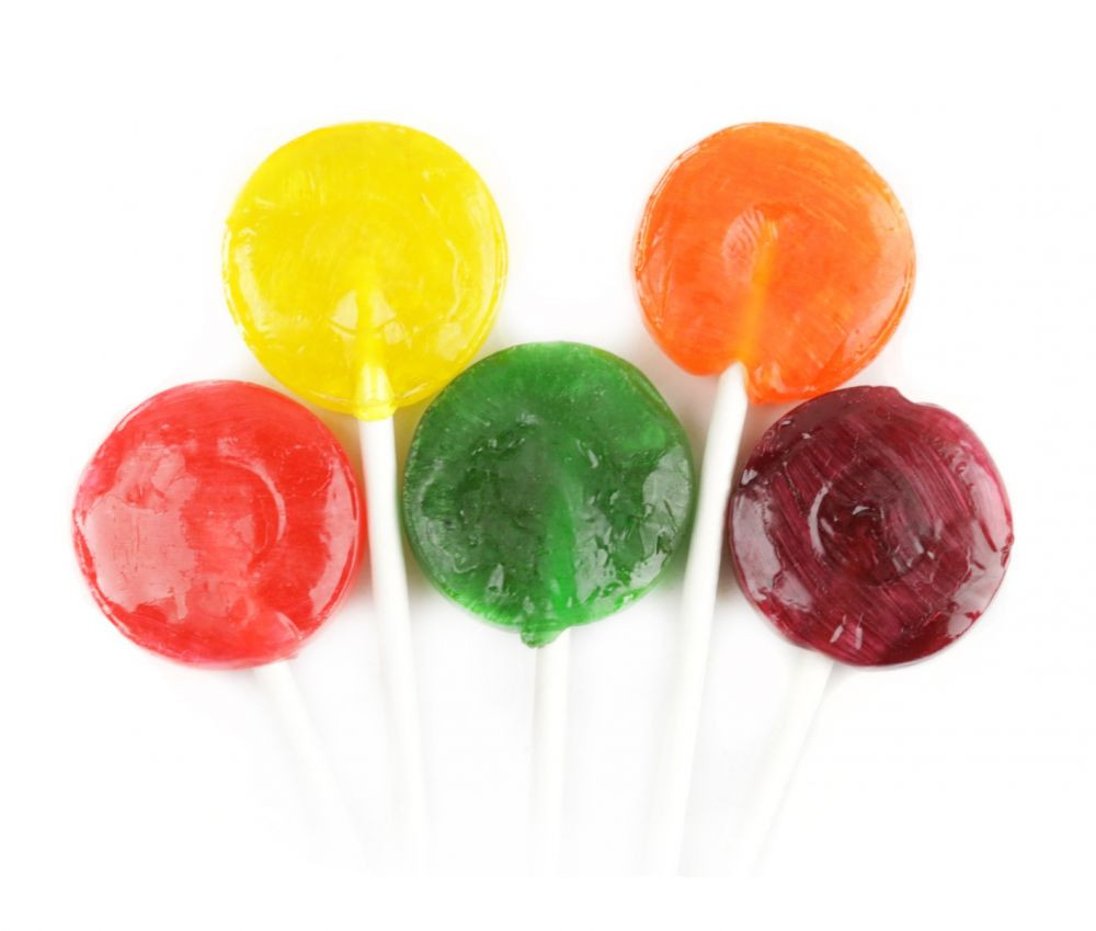 Assorted rainbow lollipops, individually wrapped fruity candy, perfect for pinatas or events, approx 57 per pound.