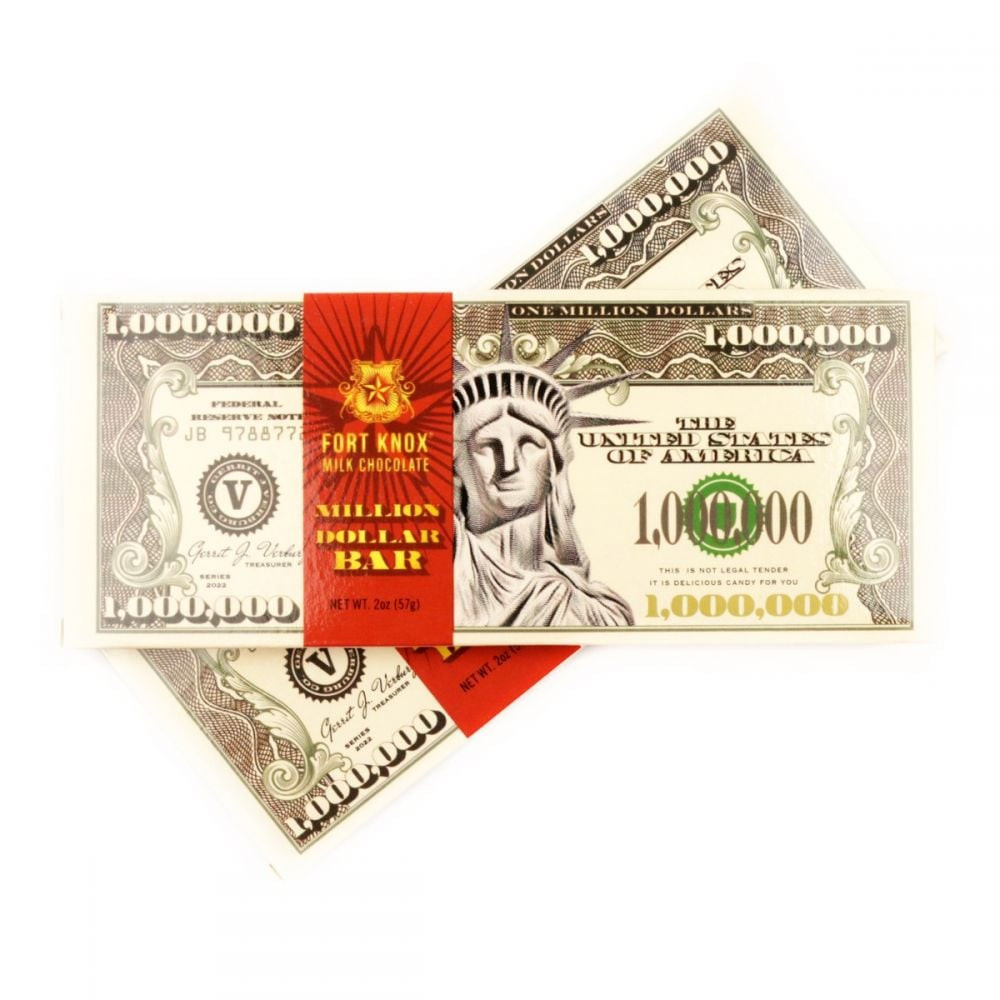 Fort Knox Million Dollar 12 milk chocolate bars, each wrapped in green "million bucks" currency design.