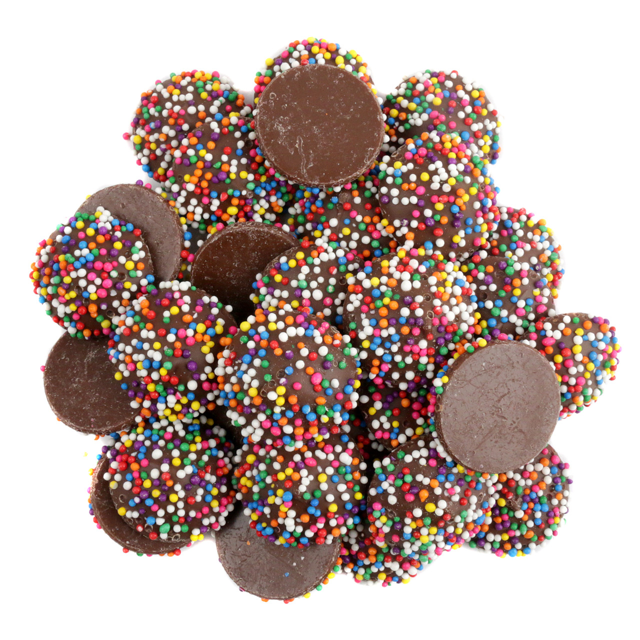 Rainbow Nonpareil Pure Milk Chocolate candy. Approx 130 pieces per pound, colorful nonpareil dots generously cover one side.