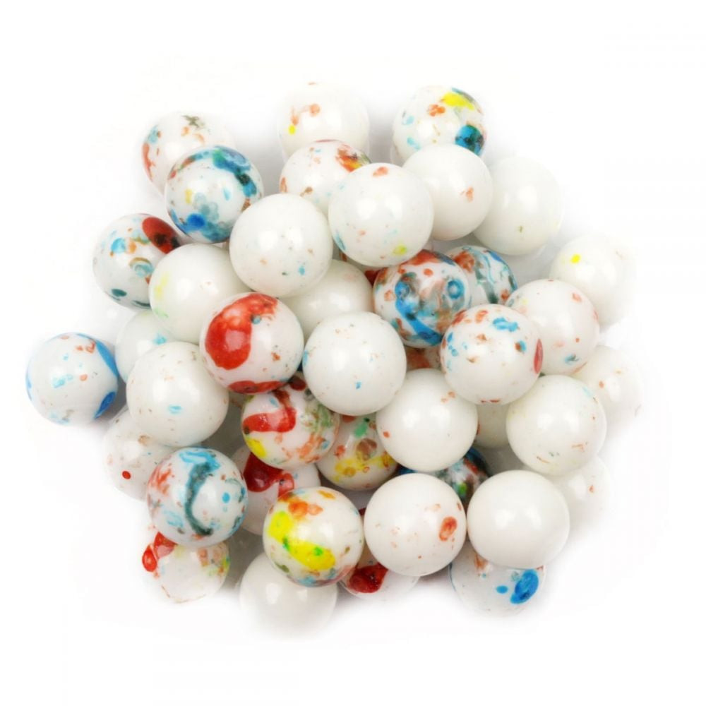 0.5 inch white jawbreakers with multicolored speckles, 285 pieces per pound, classic sweet candy for buffets.