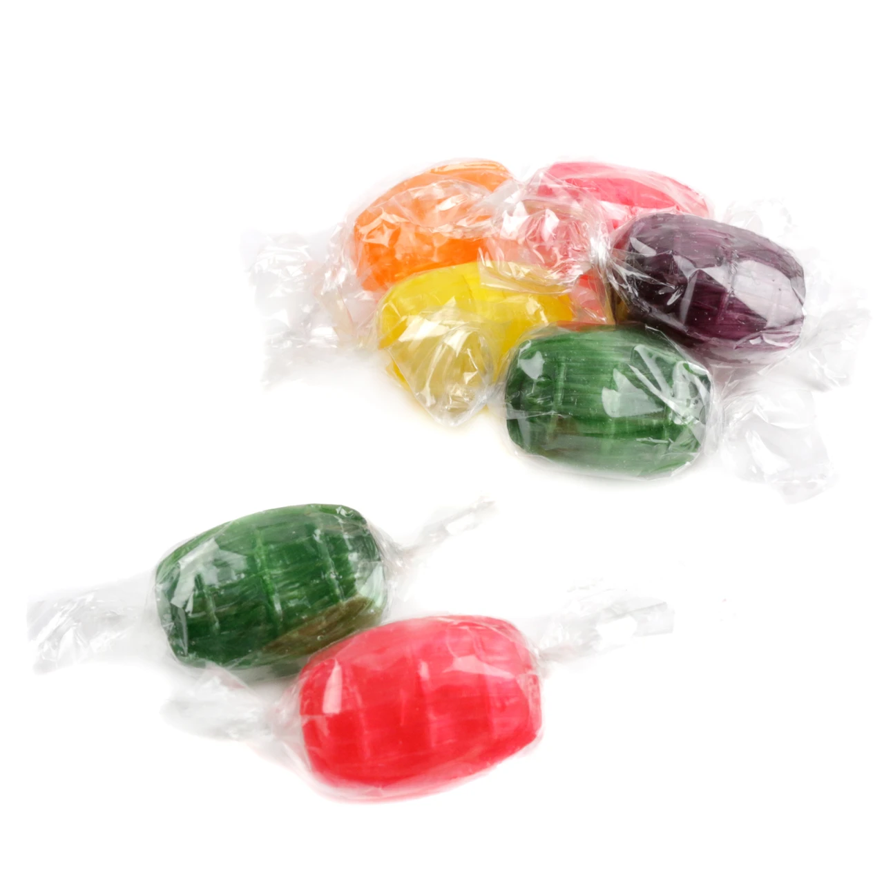Vibrant, individually wrapped assorted fruit hard candy barrels, showing orange, cherry, apple, lemon, grape flavors. Approx 70 pieces per pound.