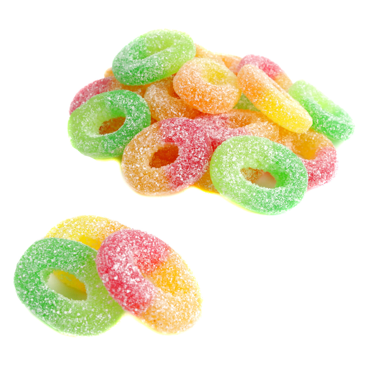 Efrutti Apple Trio Gummy Rings, sweet & sour, colorful red, yellow, green, sugar-coated.